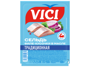 Сельдь Традиционная Vici солёная филе кусочки в масле 150 г